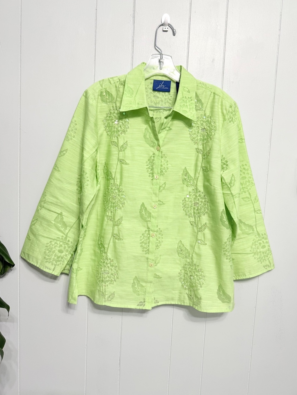 #19) JH Collectibles Lime Green Uniquely Embroidered Button front Blouse